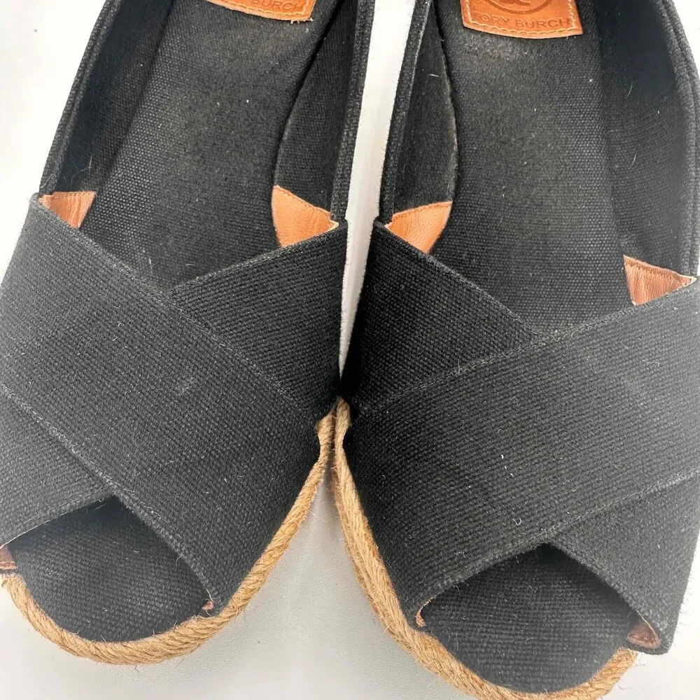 Tory Burch Black Filipa Open Toe Espadrille Wedges Shoes Size 38 / 8